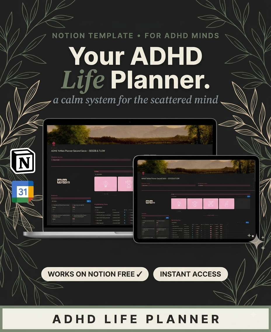 Can't even start the task you've been avoiding all week?" A Notion system built for how your ADHD-friendly Notion template brain actually works — not against it. Zero clutter. One-click capture. Set up in under 5 minutes.