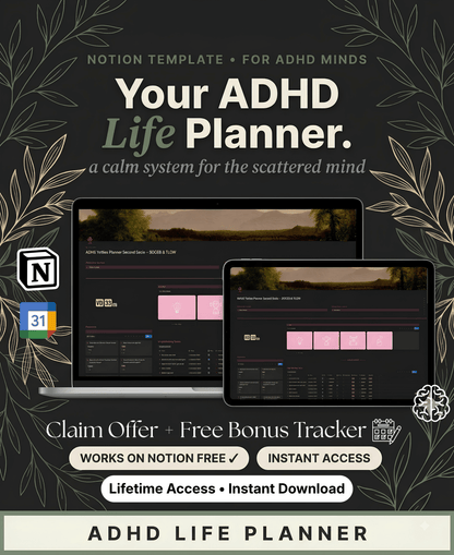 Promotional graphic for an ADHD Life Planner Notion template, showing two laptop screens with the dark planner interface, plus text reading 'Your ADHD Life Planner,' Notion and Google Sheets icons, and offer callouts on a dark decorative background.