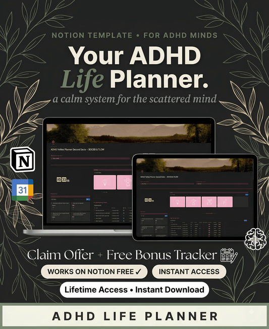 Promotional graphic for an ADHD Life Planner Notion template, showing two laptop screens with the dark planner interface, plus text reading 'Your ADHD Life Planner,' Notion and Google Sheets icons, and offer callouts on a dark decorative background.